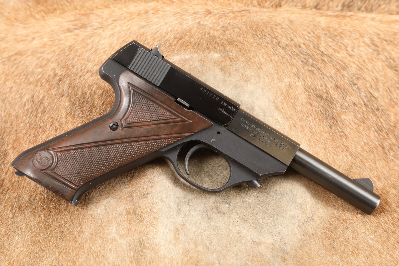 Hi-Standard Flite-King Lightweight LW-100 .22 Short 4 1/2" Semi-Auto Pistol, MFD 1953 C&R: Make: High Standard Model: Flite-King Lightweight, LW-100 Serial Number: 437270 Year of Manufacture: 1953 Caliber: .22 Short Action Type: Semi-Automatic, Blowback-Operated, Magazine Fed Barrel Length: