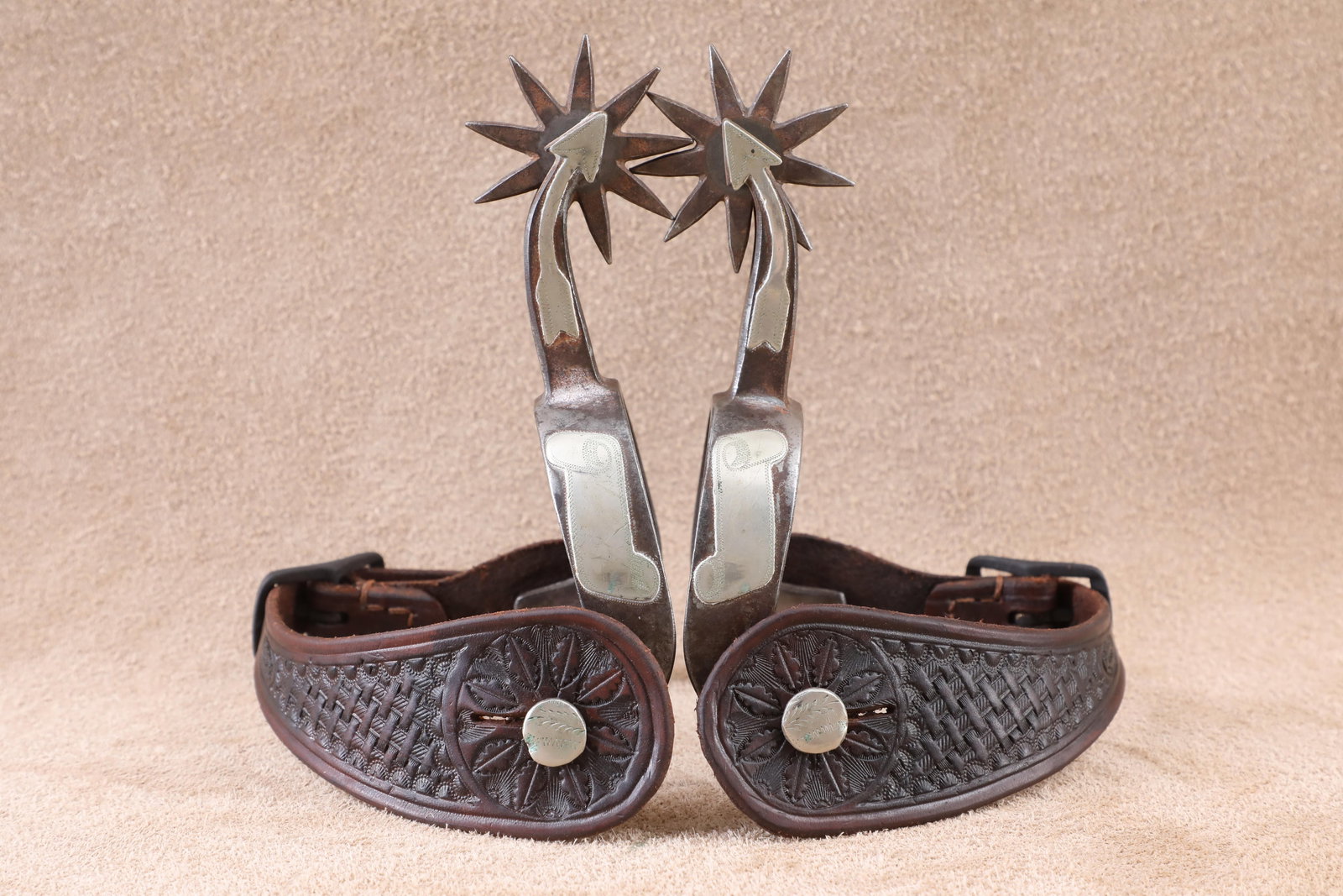 Antique 1920s Kelly Bros. Arrow Shank Nickel Silver Mounted Steel Cowboy Spurs W/ Pappas Boot Straps (1 of 13)
