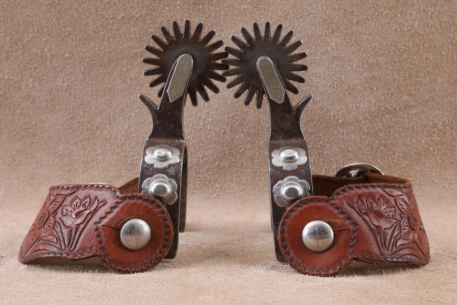 Antique 1920s Crockett Flower Petal Nickel Silver Mounted Steel Cowboy Spurs W/ Tooled Boot Straps (1 of 13)