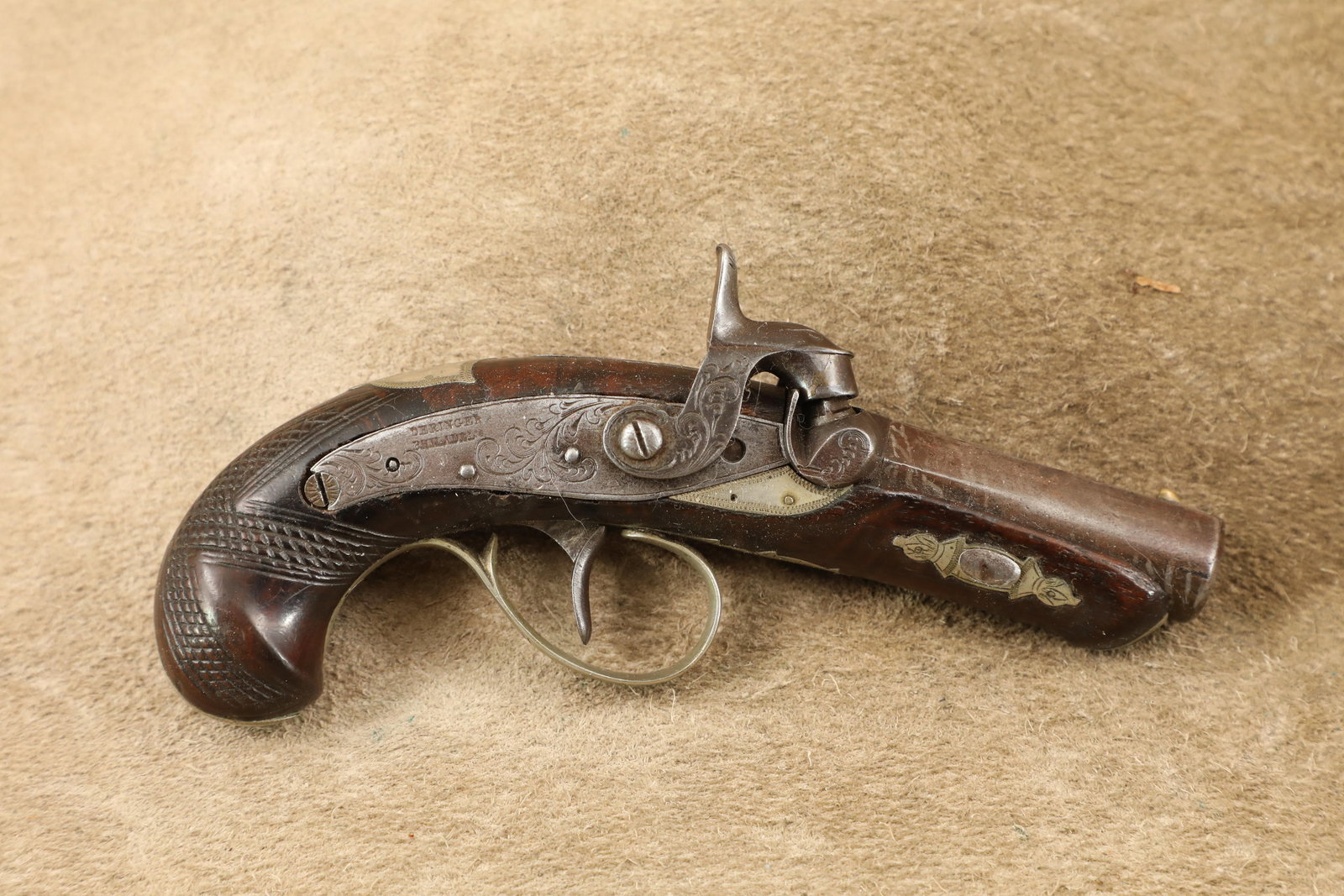 Slotter A.J. Plate Philadelphia Deringer Copy 2 1/2" .41 Caliber Percussion Derringer, Antique (1 of 14)