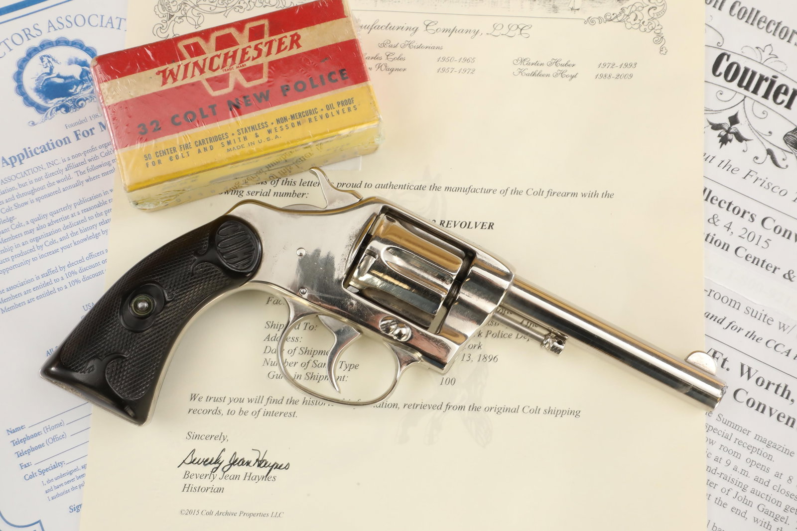 "New York Police" Engraved Colt New Police 4" .32 SA/DA Double Action Revolver, 1896 Antique: Make: Colt Model: New Police Serial Number: 807, New York Police rack or badge number 183 Year of Manufacture: 1896 Caliber: .32 Long & Short Colt </p