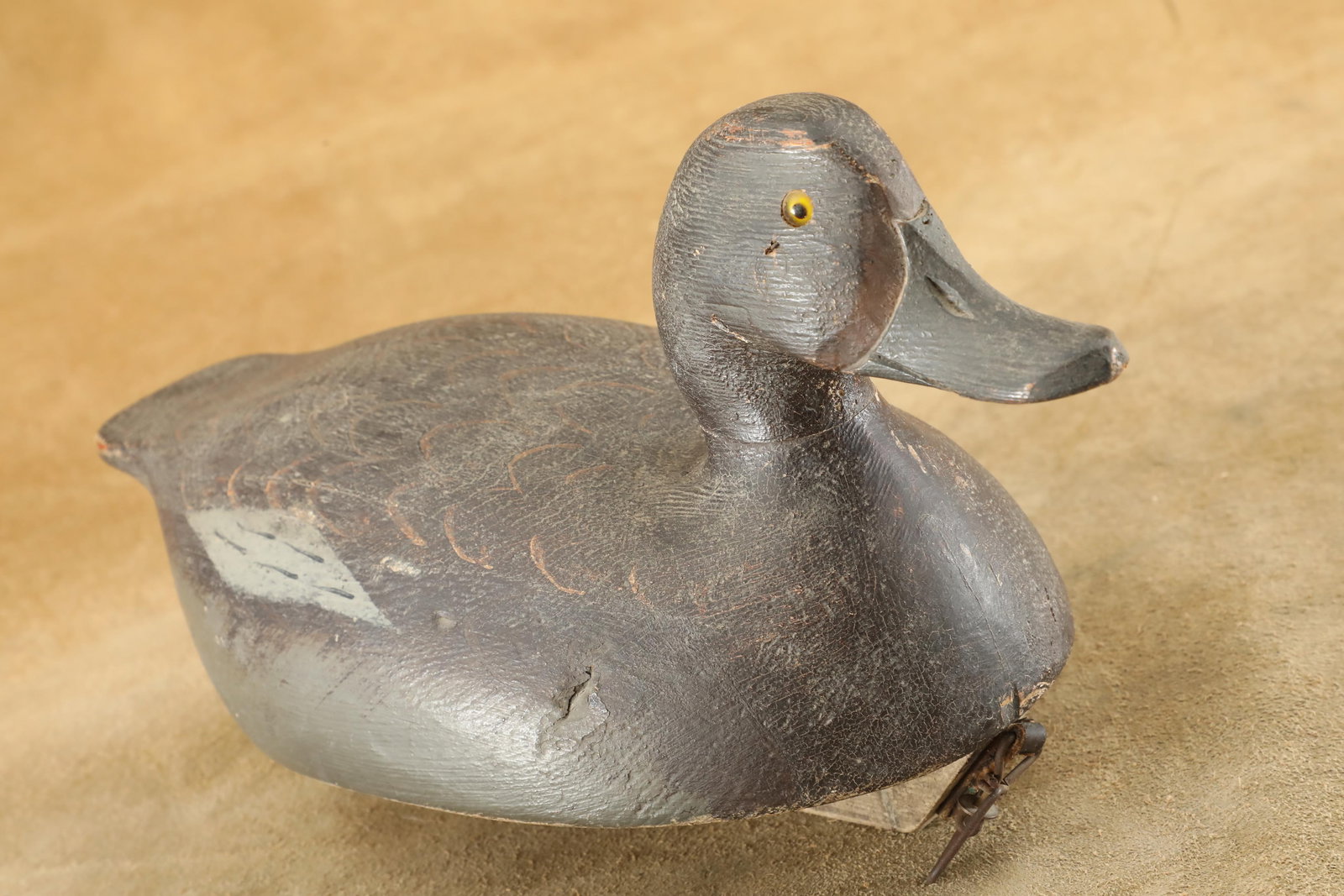 Vintage 1930s Frank "Doc" Baumgartner Redhead Hen Wooden Duck Decoy: Good Condition, with a few minor dents on the right side of the body and a small patched hole on the left side of the tail. Classic Frank "Doc" Baumgartner hand carved wooden Redhead Hen duck decoy wi
