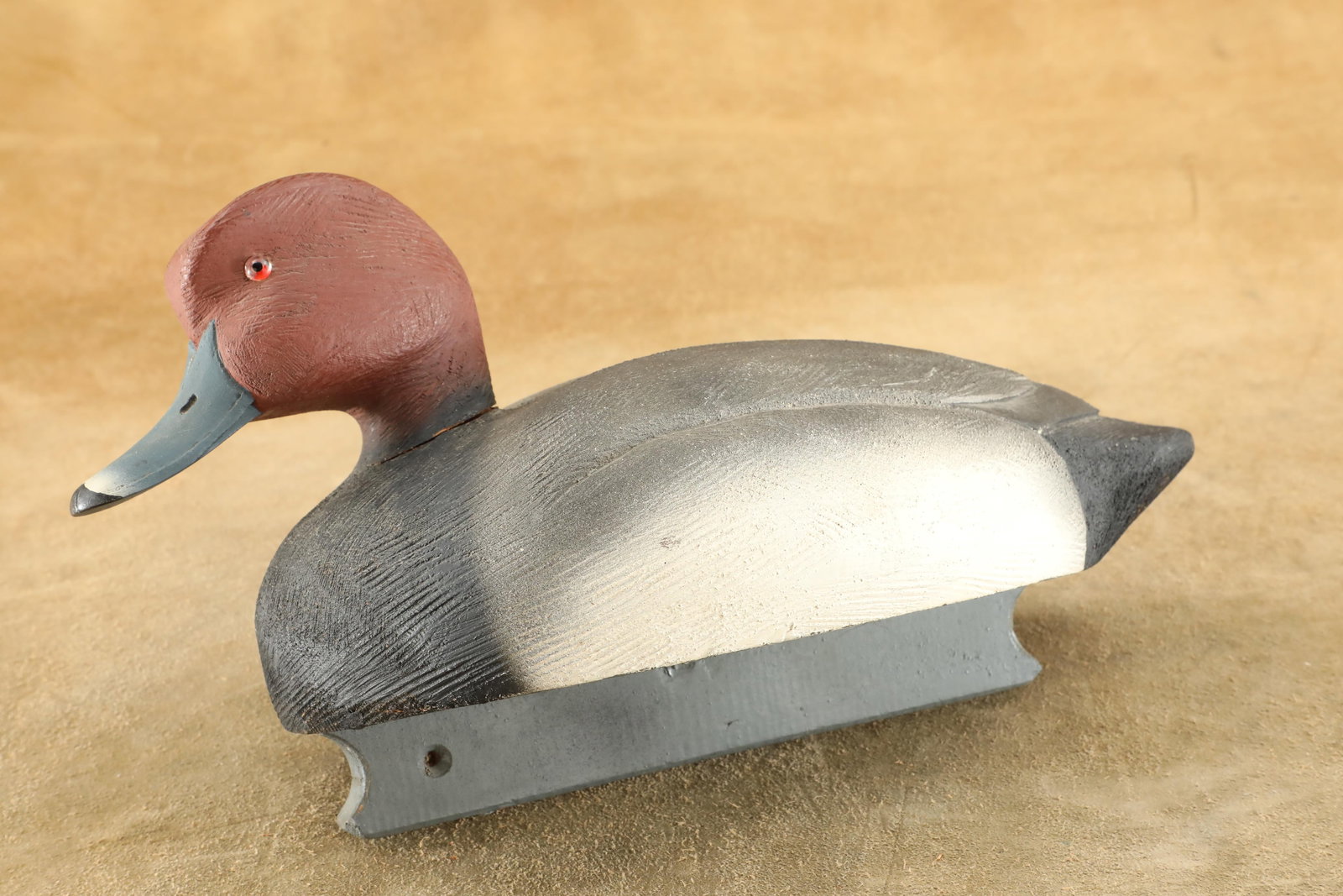 Vintage 1970s Leo Pashpatel Redhead Drake Hand Carved Wooden Duck Decoy: Very Good Condition, with some separation at the neck, and some light scattered wear with a few minor rubs. Classic Leo Pashpatel of Harsens Island, MI redhead drake hand carved wooden duck decoy. Gla