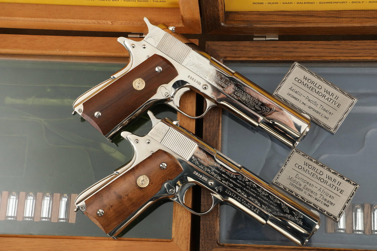 Cased Matched Pair Colt WWII ETO PTO Commemorative 1911 .45 ACP Semi-Auto Pistols 1970 C&R (1 of 20)