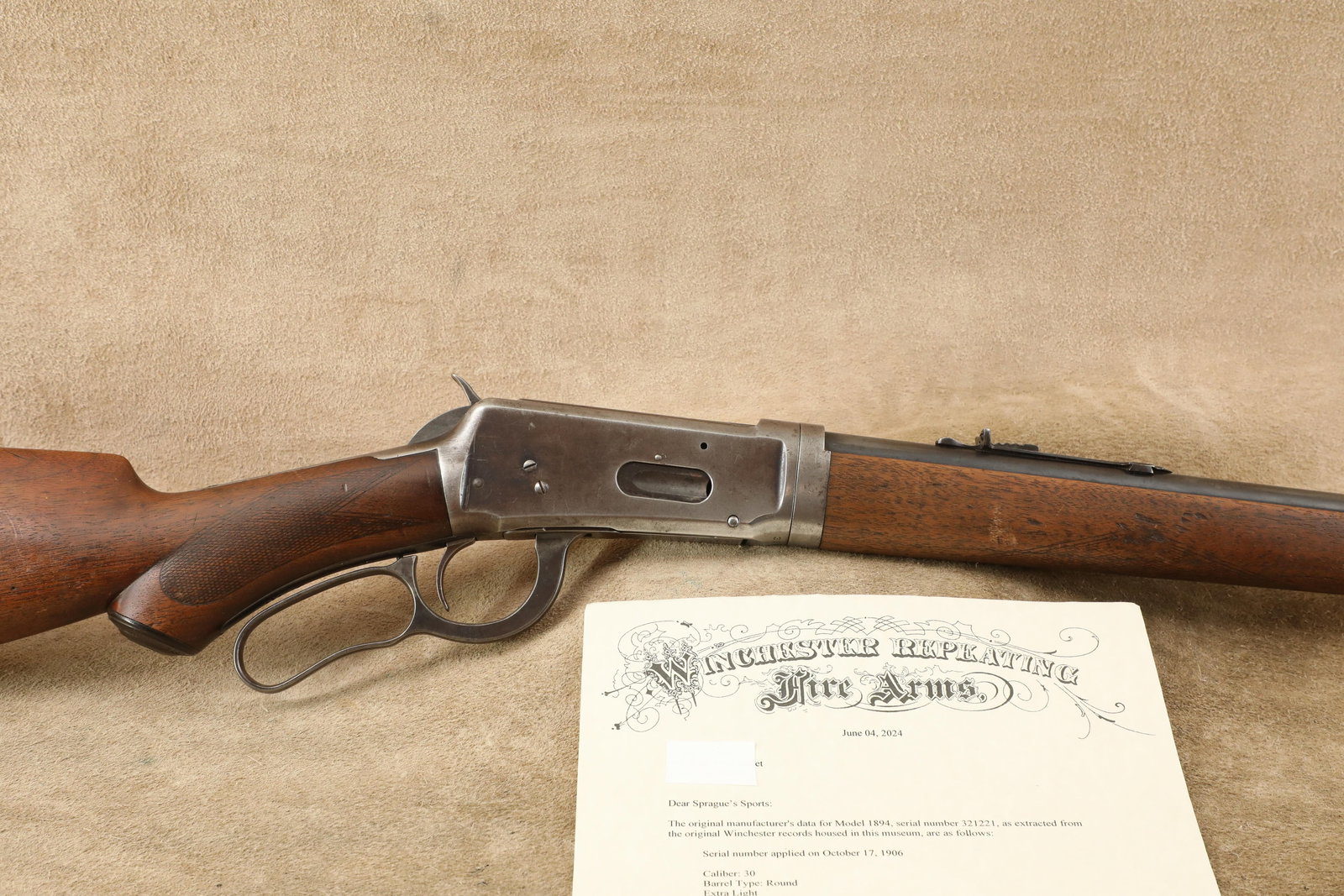 Winchester 1894 94 Takedown Semi-Deluxe 26" .30-30 W.C.F. Lever Rifle, MFD 1906 C&R: Make: Winchester Repeating Arms Model: 1894 Takedown Rifle Serial Number: 321221 Year of Manufacture: 1906 / C&R Caliber: .30-30 W.C.F. Action