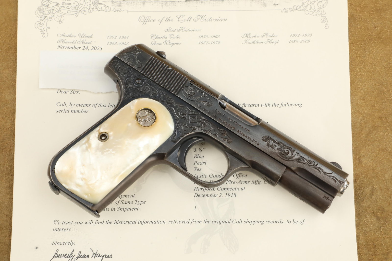 Factory Engraved Leslie Goodrich Colt Model 1903 Pocket Hammerless .32 ACP Pistol, 1918 C&R: Make: Colt Model: 1903, Pocket Hammerless Serial Number: 291272 Year of Manufacture: Delivered December 2, 1918 Caliber: .32 ACP Action Type: Singl