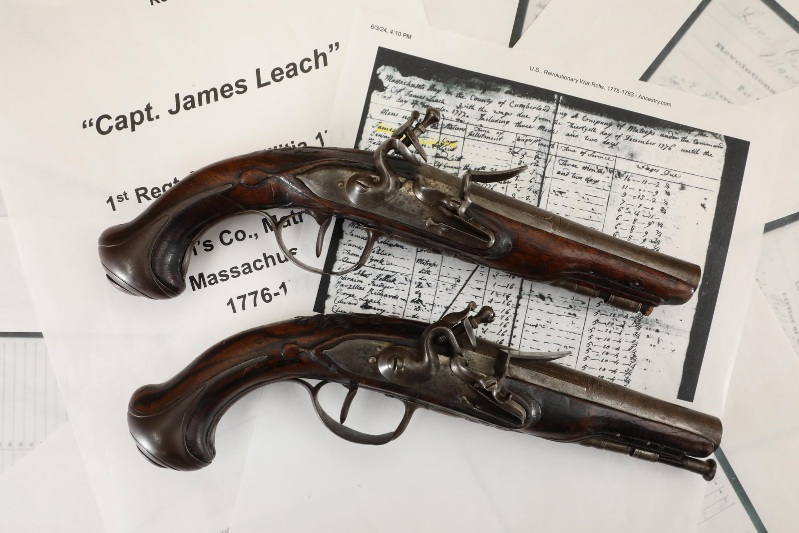 Captain James Leach Inscribed Revolutionary War Pair .50 Caliber Flintlock Pistols, Antique (1 of 20)