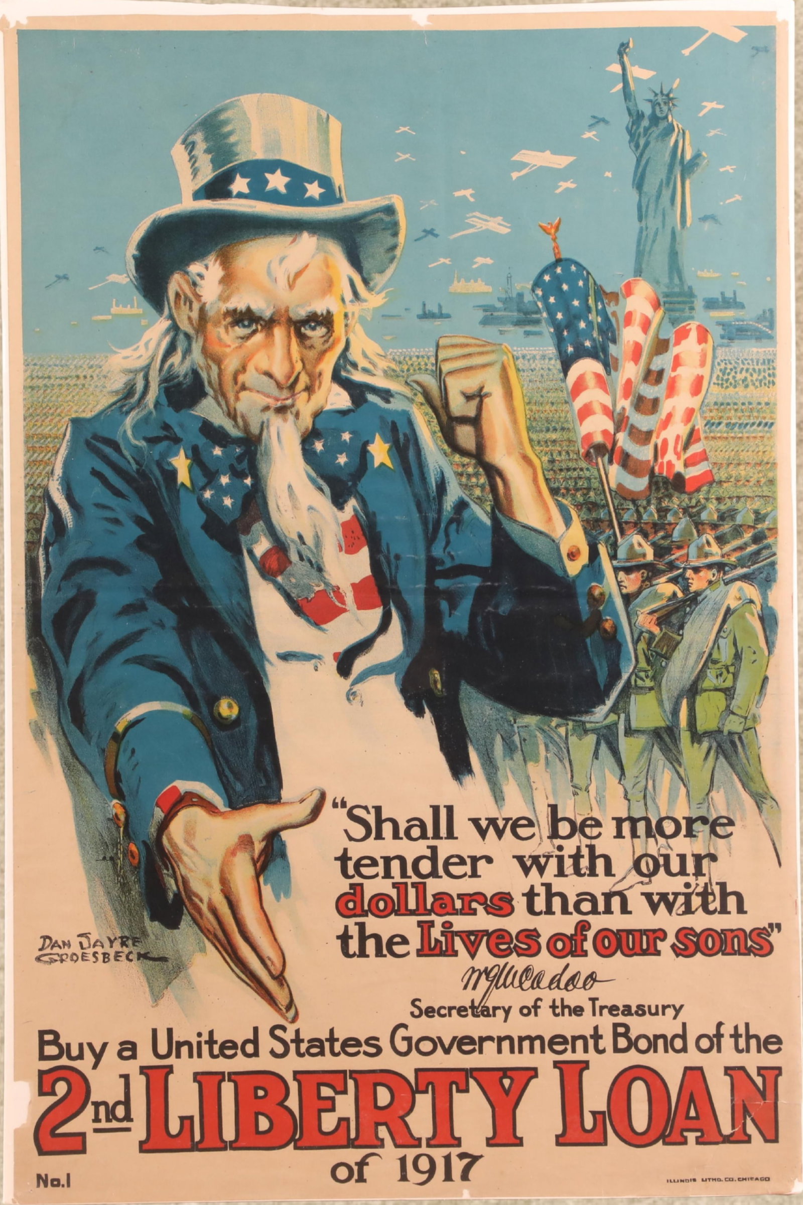 Original US WW1 "2nd Liberty Loan of 1917" Uncle Sam 29 3/4" x 19 3/4" Patriotic Propaganda Poster: Fair to Good Condition. A sizable piece having torn away from the bottom right hand corner, though it still remains present. Moderate scattered tearing to and missing material from the remaining corne