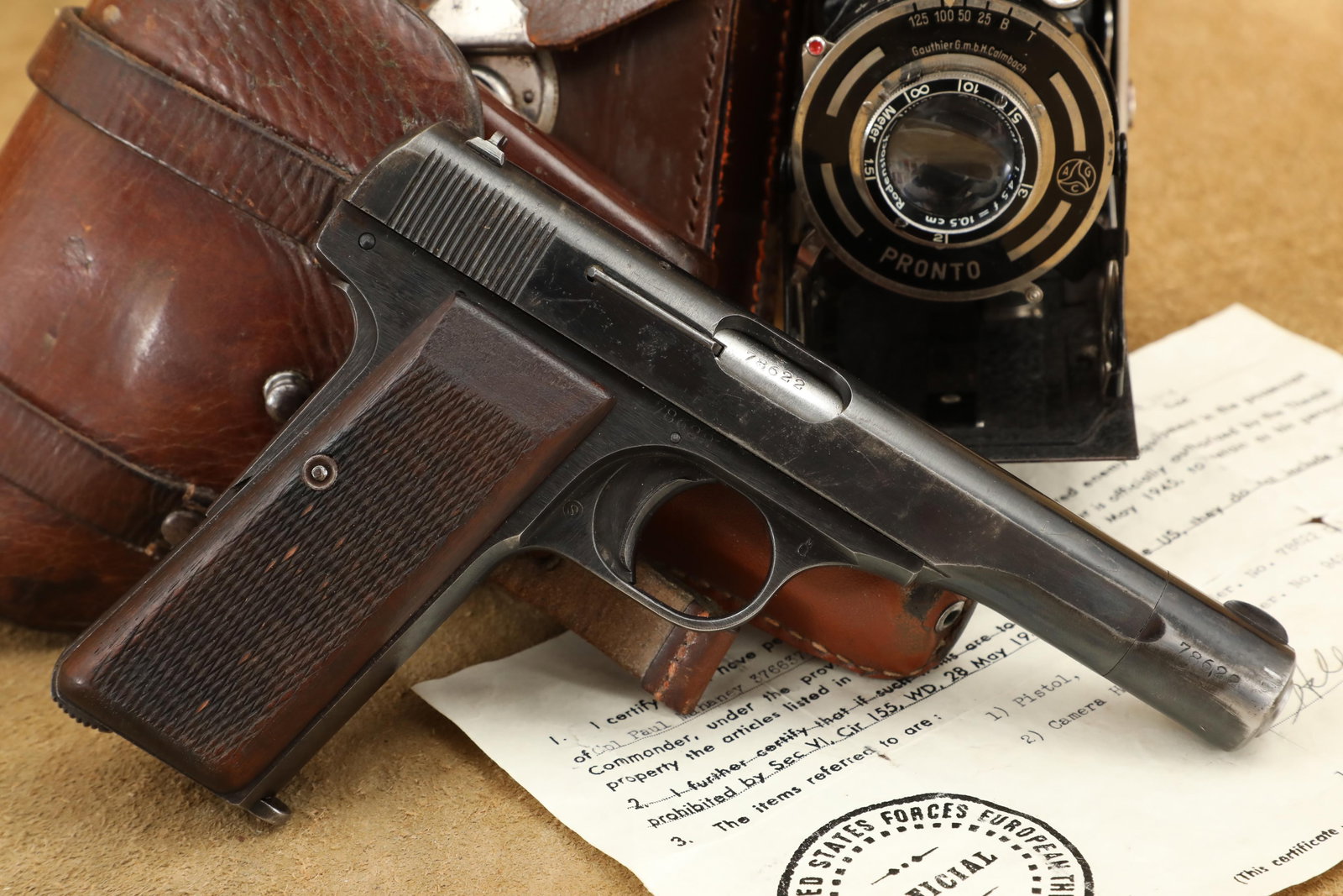 WWII Bring Back FN Model 1922 7.65mm .32 ACP Semi Auto Pistol, Holster and Vintage Camera (1 of 20)