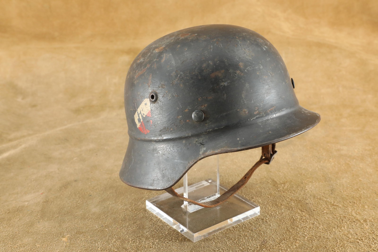 German WW2 Luftwaffe Luftschutz Double Decal Beaded M-35 Stahlhelm Steel Helmet ET62: Good Condition. Some scratching, finish abrading, and patina around the exterior. Some surface chipping to the decals. Some scuffing around the top edge of the liner. The end of the right chinstrap ha