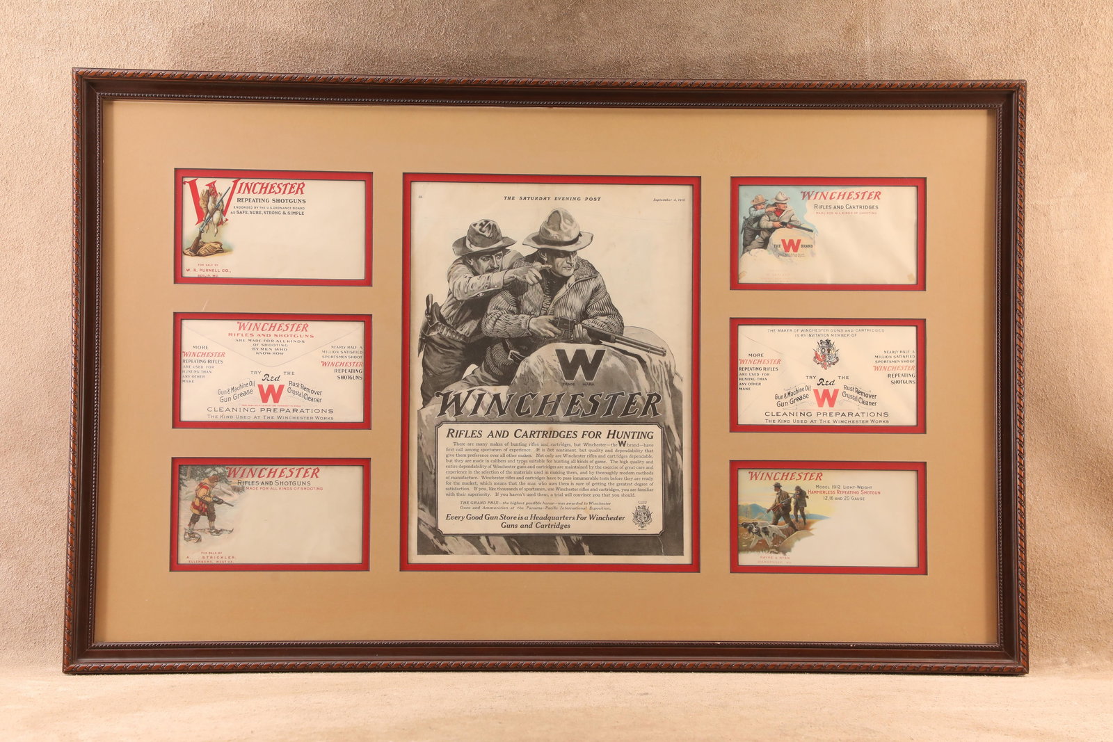 Antique 1915 Saturday Evening Post Winchester Advertising Page & Envelopes 33" x 21" Framed Montage (1 of 13)