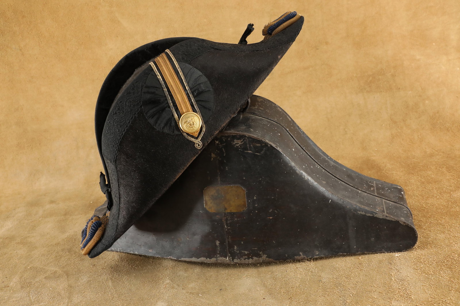 Antique 1890s U.S. Coastguard Beaver Fur Bicorn Officers Uniform Hat With Steel Hat Box (1 of 16)