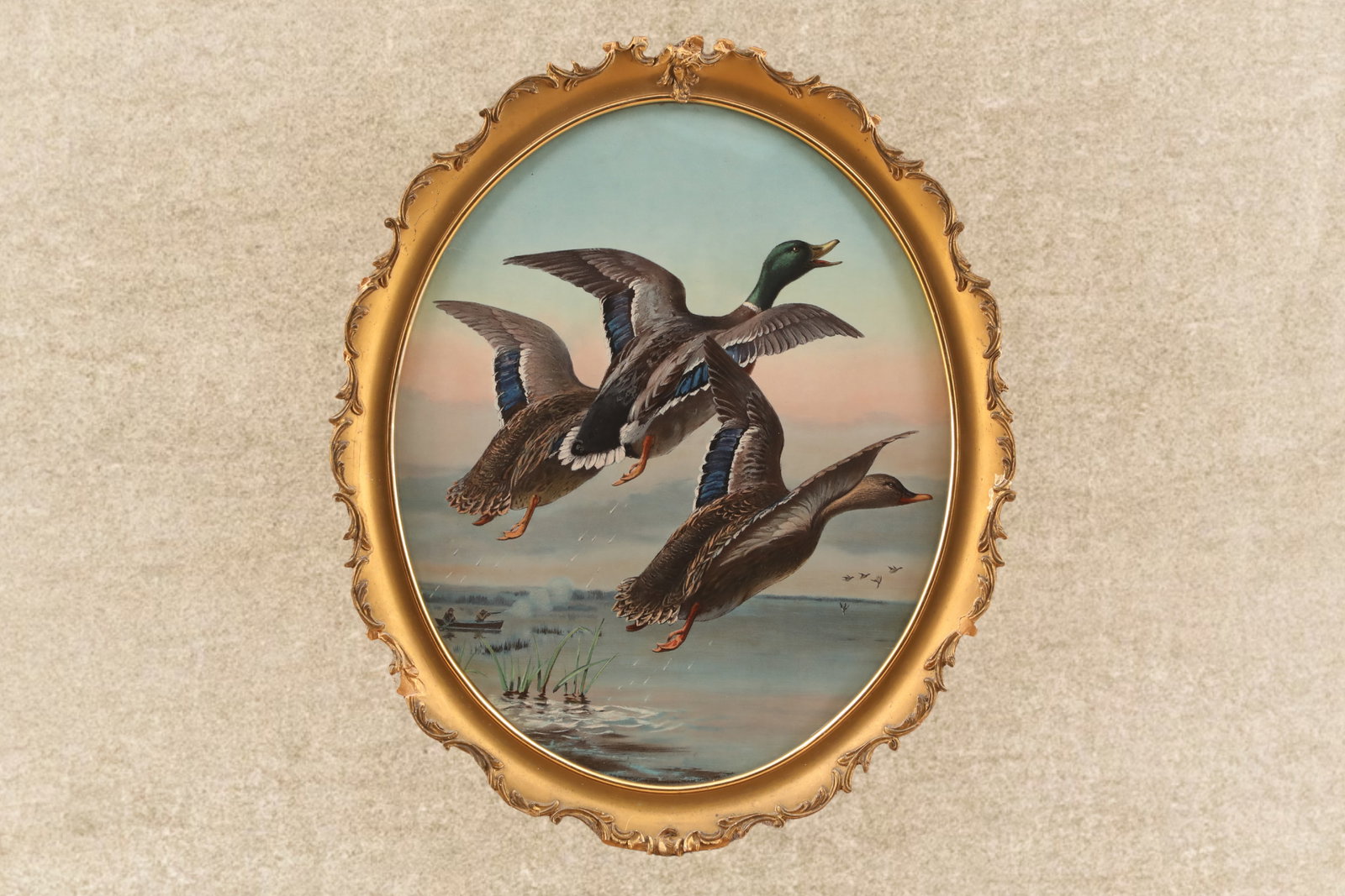 Antique 1904 Winchester "Three Mallard Ducks Flying" Hunting Advertising Poster Framed Calendar Top: Very Good Condition. Moderate scattered chipping, crazing, and repairing around the front edges of the frame. Moderate scattered tearing to the brown paper backing of the frame. Measures 16 1/2”