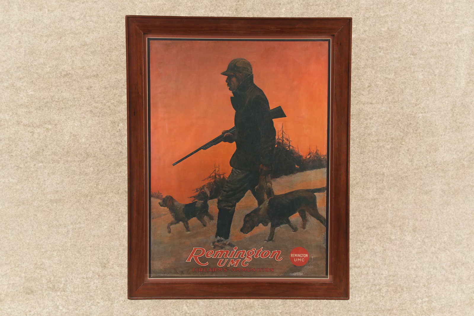 Framed Modern Reproduction of Early 1900s Remington UMC Firearms & Ammunition Advertising Poster: In-House Shipping: $40.00 + 1.5% Shipping Insurance Very Good Condition. Some light jagged cutting along the middle bottom ed