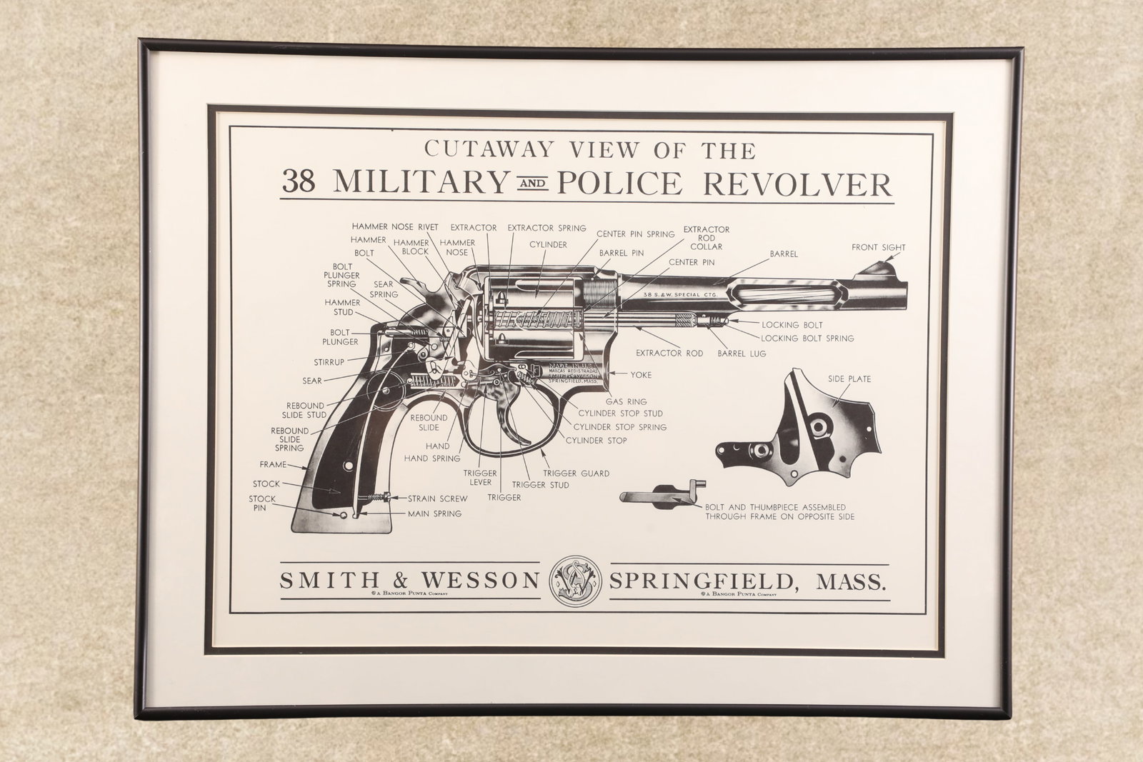1960's Vintage Framed Smith & Wesson M&P Cutaway Poster Bangor Punta Co., 20x26" (1 of 11)