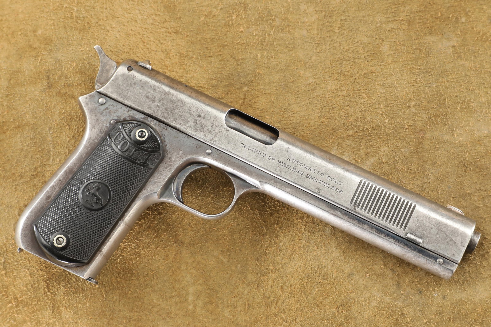 Early Colt Model 1902 Sporting Spur Hammer 6" .38 ACP Semi-Automatic Pistol, 1902 C&R: Make: Colt Model: 1902 Sporting Serial Number: 4672 Year of Manufacture: 1902 Caliber: .38 ACP (.38 Rimless Smokeless) Action Type: Single Action