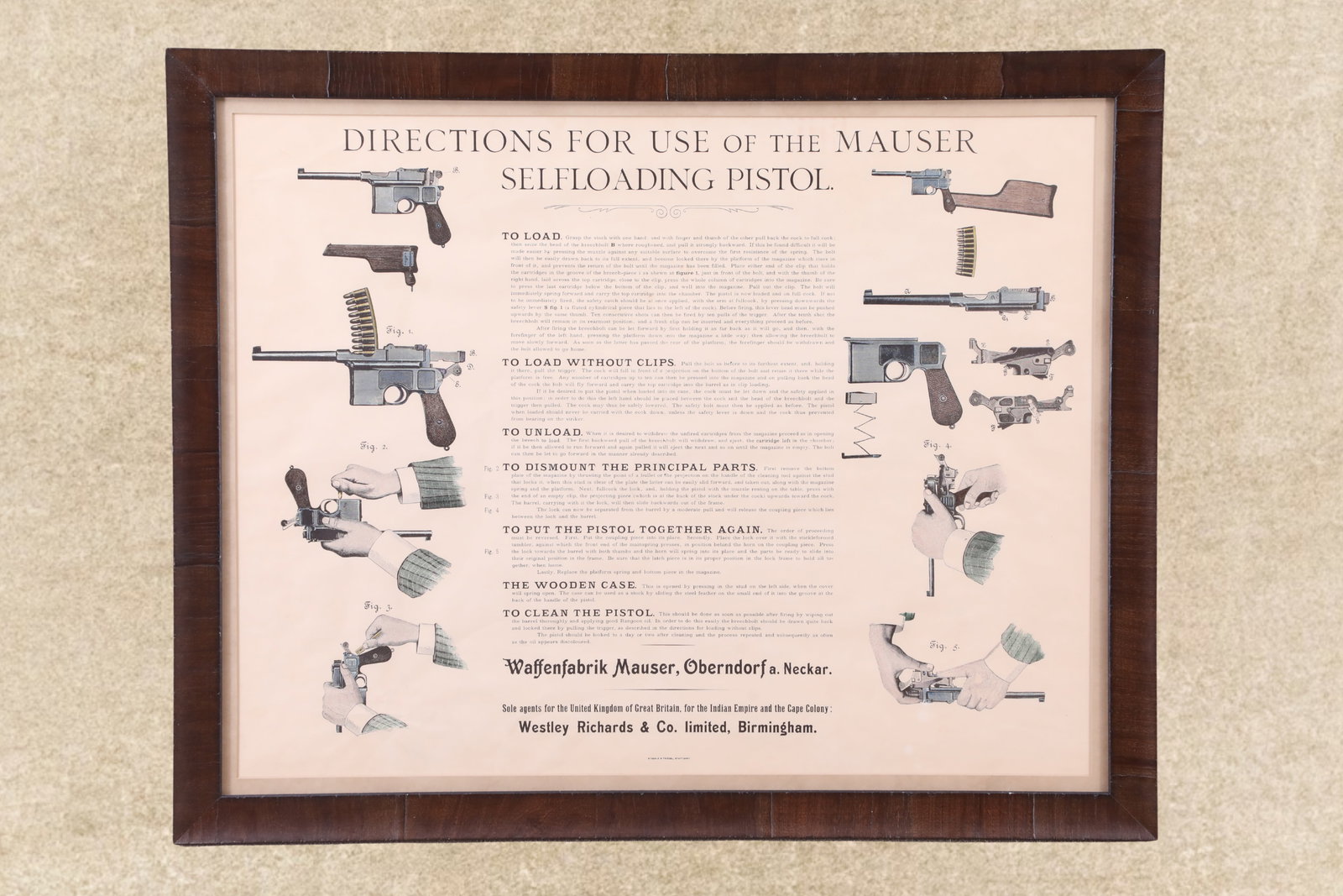 Antique Early 1900s "Directions For...Mauser Selfloading Pistol" Westley Richards & Co Poster 25x20": In-House Shipping: $45.00 + 1.5% Shipping Insurance Vintage Directions For Use Of The Mauser Selfloading Pistol Frames Poster, printed by Stähle & Friedel of Stuttgart. Set in a museum