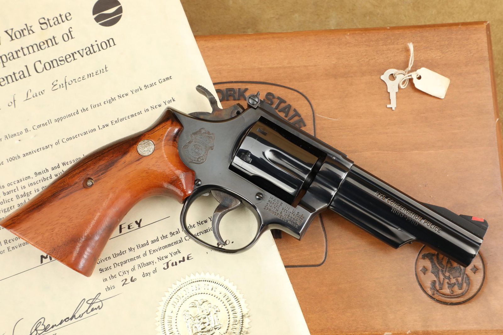 Cased Smith & Wesson Model 19-4 New York Conservation Police .357 Magnum 4" Revolver & Letter 1980: Make: Smith & Wesson Model: 19-4, "New York State Conservation Police Commemorative 1880-1980" 1 of 425 Limited Edition. Serial Number: 57K0788 Year of Manufacture: 1980 / Modern <