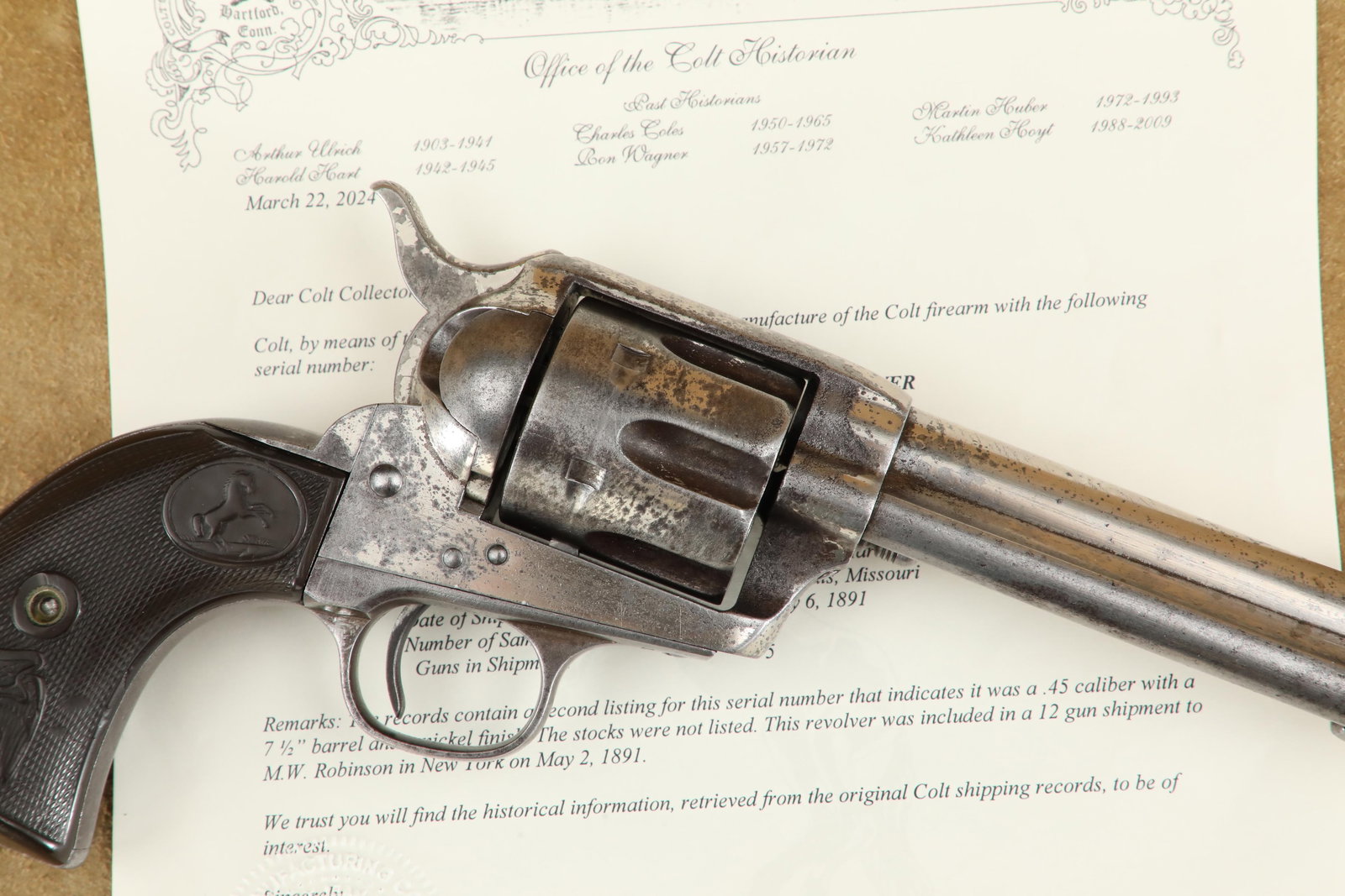 1st Gen Colt Single Action Army Nickel 4 3/4" .38-40 WCF Revolver and Letter, 1891 Antique: Make: Colt Model: Single Action Army Serial Number: 140639 Year of Manufacture: 1891 Caliber: .38-40 Winchester, black powder frame. Action Type: S