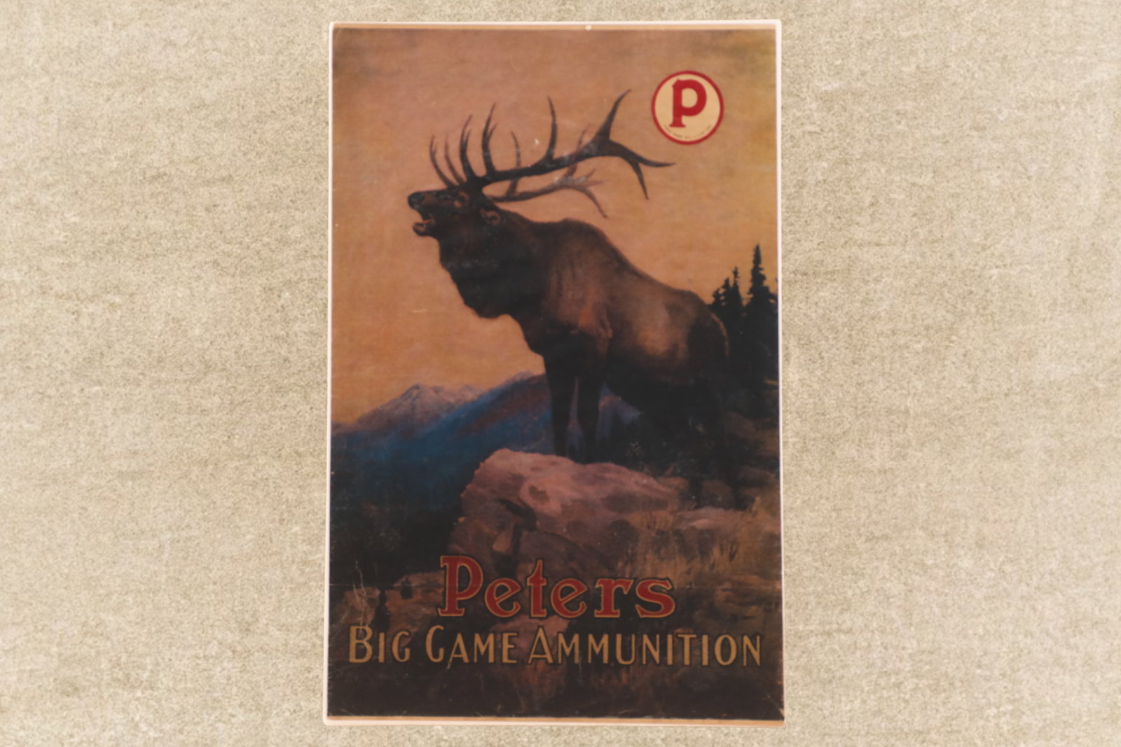 Modern Reprint Peters "BIG GAME AMMUNITION" Philip R. Goodwin Elk Hunting Advertising Poster, 15x10": Good Condition. A horizontal fold line along the lower quarter. Some scattered wrinkling around that lower quarter. Shrink wrapped to a poster board backing. 15 3/8" x 9 7/8". Features a wonderful ima