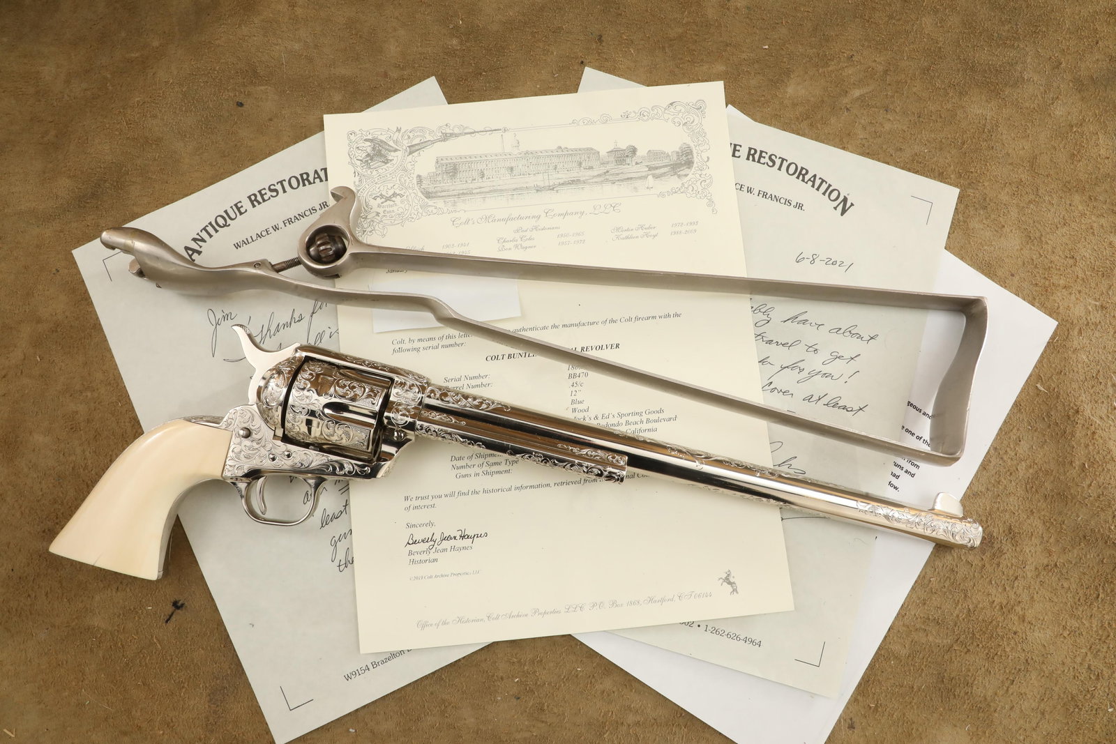 George Spring Engraved Colt Buntline Special Single Action Army SAA .45 Revolver, 1957 C&R (1 of 20)