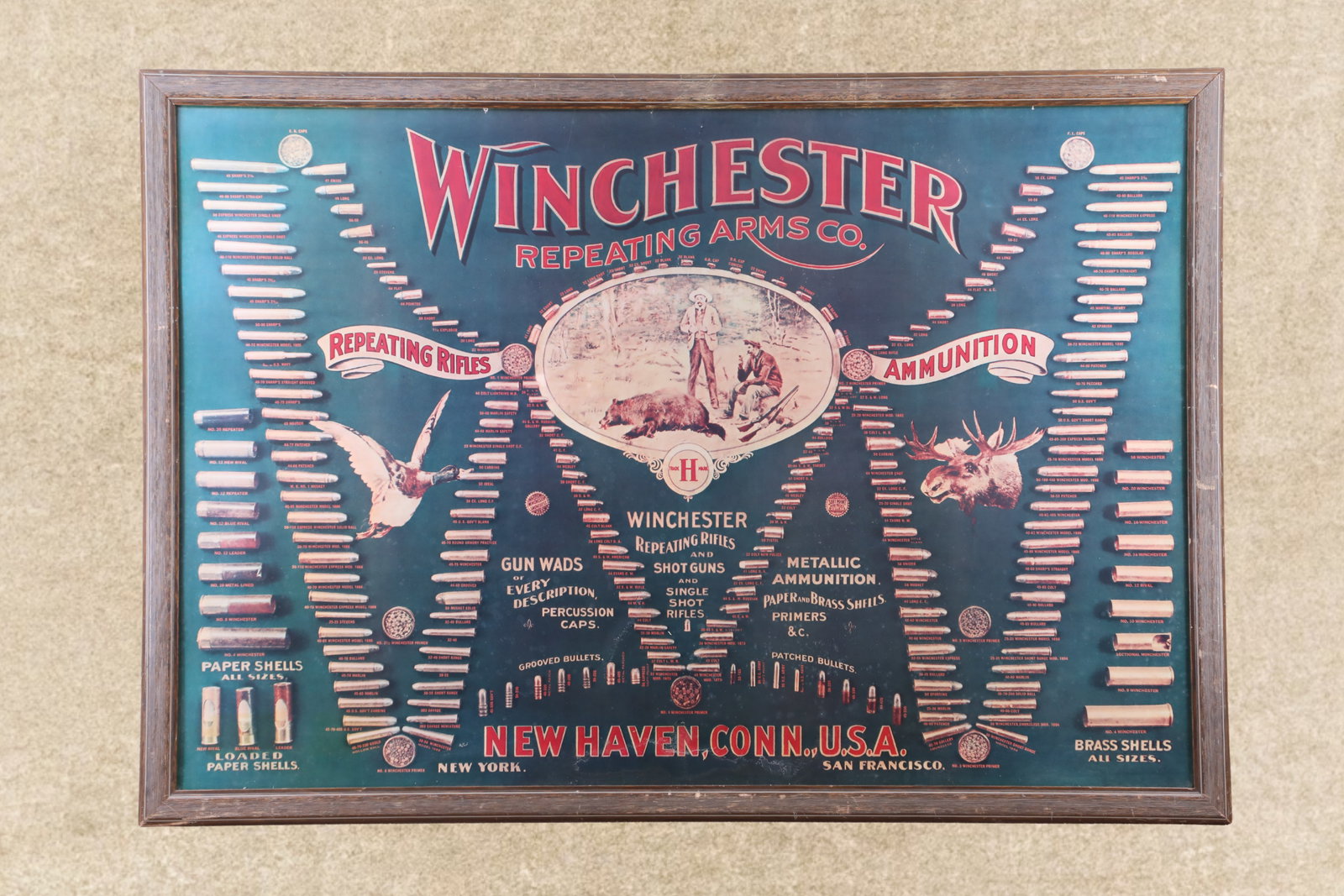 Vintage 1968 Winchester "Double W" Model 1902 Style 49" x 33" Framed Lithograph “Bullet Board (1 of 12)