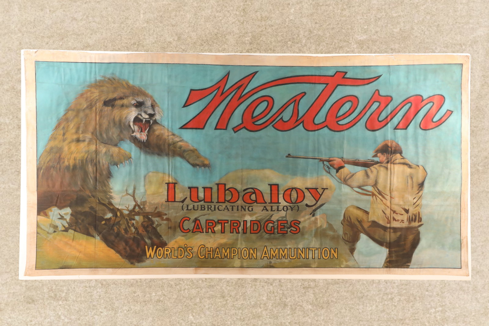 Vintage 1920s Western Lubaloy World's Champion Ammunition Bear Painted Advertising Banner, 58" x 29" (1 of 11)