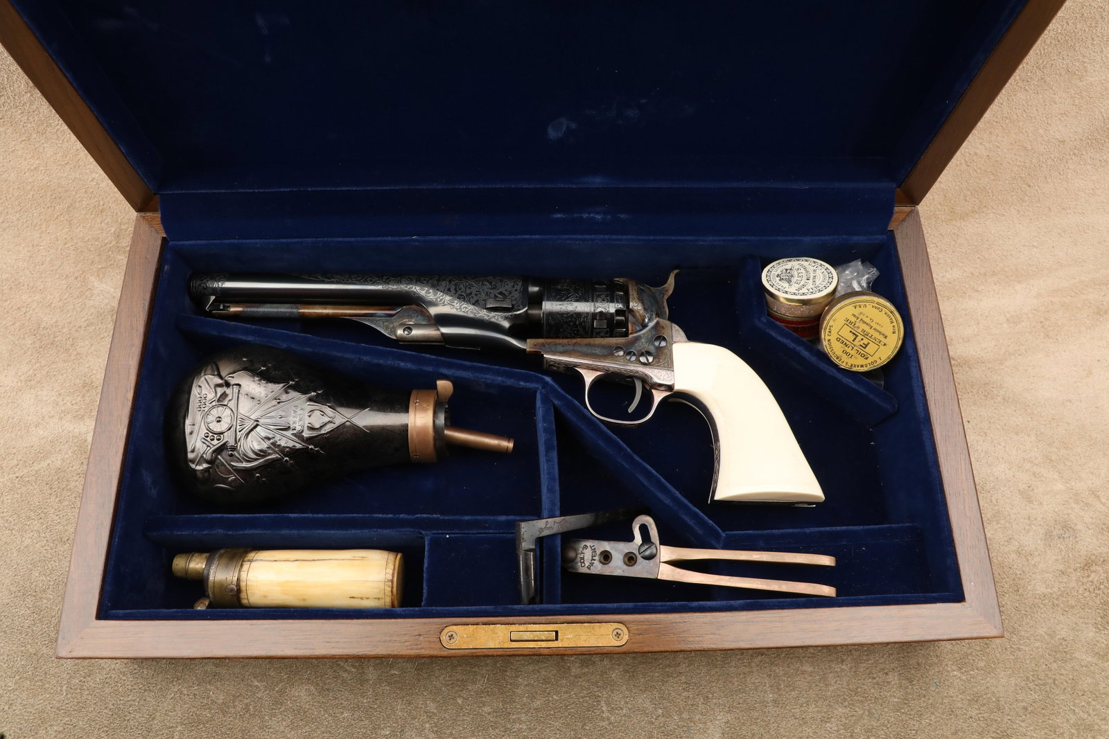 Cased Uberti America Remembers Engraved Colt 1861 Navy .36 Ca. Percussion Revolver: Make: Uberti Model: 1861 Navy, America Remembers Limited Edition Serial Number: A90595, 005 of 100 Year of Manufacture: Ca. 1990s-2000s, ATF antique Caliber: .36 Calib
