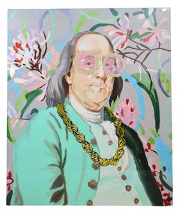 Ashley Longshore Ben Franklin Acrylic: A large Ashley Longshore acrylic and mixed media on canvas, heavy resin finish. Titled: "Ben Franklin with donkey rope and Gucci glasses, 2018". Provenance: purchased directly from the artist with