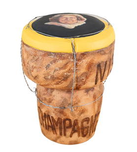 Ashley Longshore Vueve Clicquot Champagne Cork: A larger-than-life, custom-made champagne cork by Ashley Longshore. This one-of-a-kind work compliments Ashley's iconic Champagne series. Composed of foam composite, mache, acrylic paint, and wire