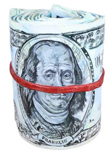 Ashley Longshore Ben Franklin Roll: A larger-than-life, custom-made money roll by Ashley Longshore. Composed of foam composite, mache, acrylic paint, and glitter. Mounted on a wooden base with casters. Provenance: purchased directly fro