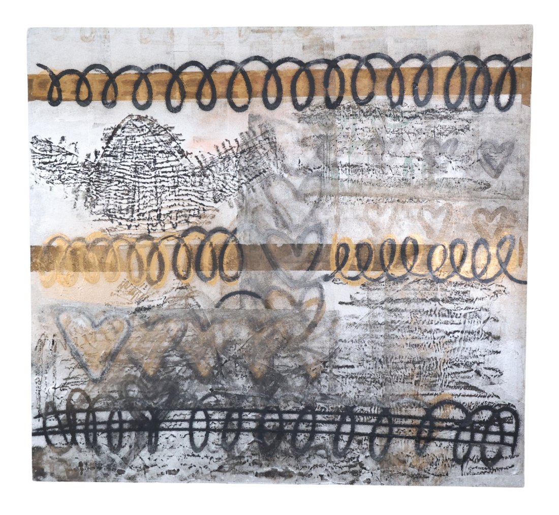 Harif Guzman (Venezuelan, b. 1975) Mixed Media: Mixed media oil on board of hearts, swirls, and a sombrero, in tones of gold, black, and chrome. This is an unsigned work attributed to Harif Guzman. The elements of this work suggest homage to his So