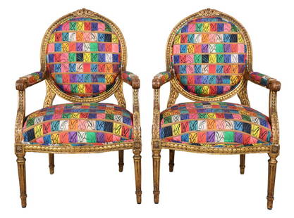 Hunt Slonem Louis XIV Bunny Chairs: A pair of 19th Century giltwood Louis XVI style armchairs by Hunt Slonem, upholstered in the signature bunny fabric. Part of Slonem's "Hop Up Shop" series which is featured currently in the Bergdorf