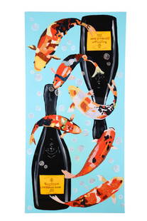 Ashley Longshore "Drink Like a Fish" Mixed Media: A mixed media acrylic on canvas with resin by Ashley Longshore. Part of Ashley's Champagne Collection and titled "Drink Like a Fish", featuring koi fish and Veuve Clicquot Champagne bottles.