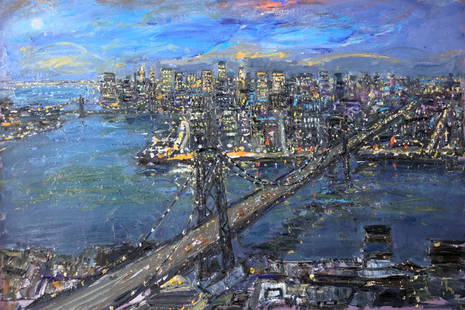 Bruno Zupan "Landing In Manhattan" Oil: Bruno Zupan "Landing in Manhattan" oil on canvas in frame. Provenance: Gallery 1401 in Chattanooga, TN. Zupan is a Slovenian-born American artist best known for his impressionistic paintings of