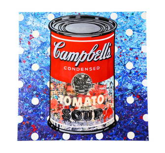 DeVon Stanfield Campbells Soup Mixed Media: A mixed-media Campbells soup can collage by pop sensation DeVon. An understudy of Steve Kaufman who was a student of Andy Warhol, Devon carries his own weight in executing the iconic pop style of