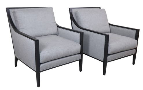 Restoration Hardware Armchairs: A pair of French Contemporary slope arm, low-back chairs by Restoration Hardware. Inspired by clean-lined classical forms, the French Contemporary chair collection is defined by simple silhouettes and