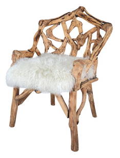 Handcrafted Driftwood Chair: A wonderfully composed driftwood armchair, fitted with a Tibetan lambs wool seat cushion. The dense driftwood composition makes this chair very sturdy and weighs around 75 pounds.