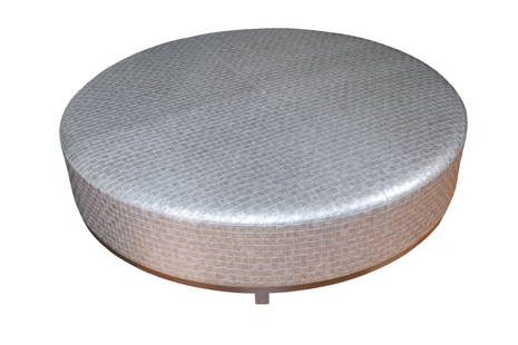 Verellen "Elliott" Ottoman 60": A silver basket weave pattern ottoman designed by Verellen. The ottoman is covered in Verellen's Rodolph woven strip pattern and is finished with a lustrous silver fabric. The ottoman is set on four s