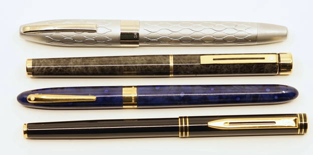 Modern Sheaffer & Waterman Fountain Pens (4): Modern Sheaffer fountain pens (3), and Waterman (1). Sheaffer pens consist of a Legacy in Sandblasted Emperor's Silver with chrome trim, Targa in Grey Ronce and Crest in Ultramarine Blue Lacquer, alon