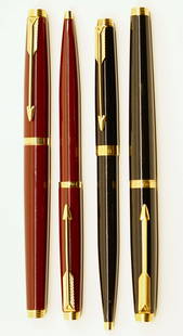 Parker 75 Lacquer Fountain Pen & Ballpoint Sets (2): Parker 75 Burgundy and Black Lacquer fountain pen and ballpoint sets. This lot consists of two Parker 75 made in France Lacquer sets, one in Burgundy and one in Black. Both with fine 18k nibs.