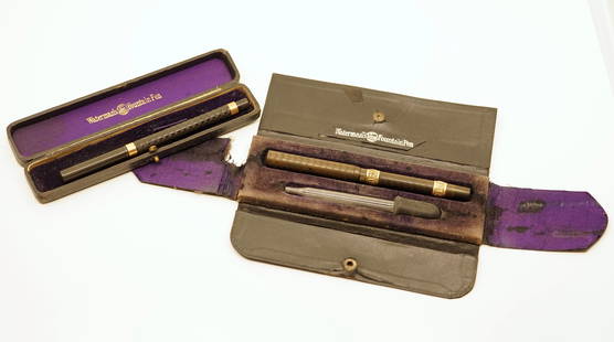 Waterman Ideal 2 & 14 model Eyedropper Fountain Pens: Waterman black chased hard rubber (BCHR) fountain pen lot (2). The lot consists of a #14 with purse case and eyedropper and #2 with gold filled bands and warranted nib in hard case. Overall fair to go