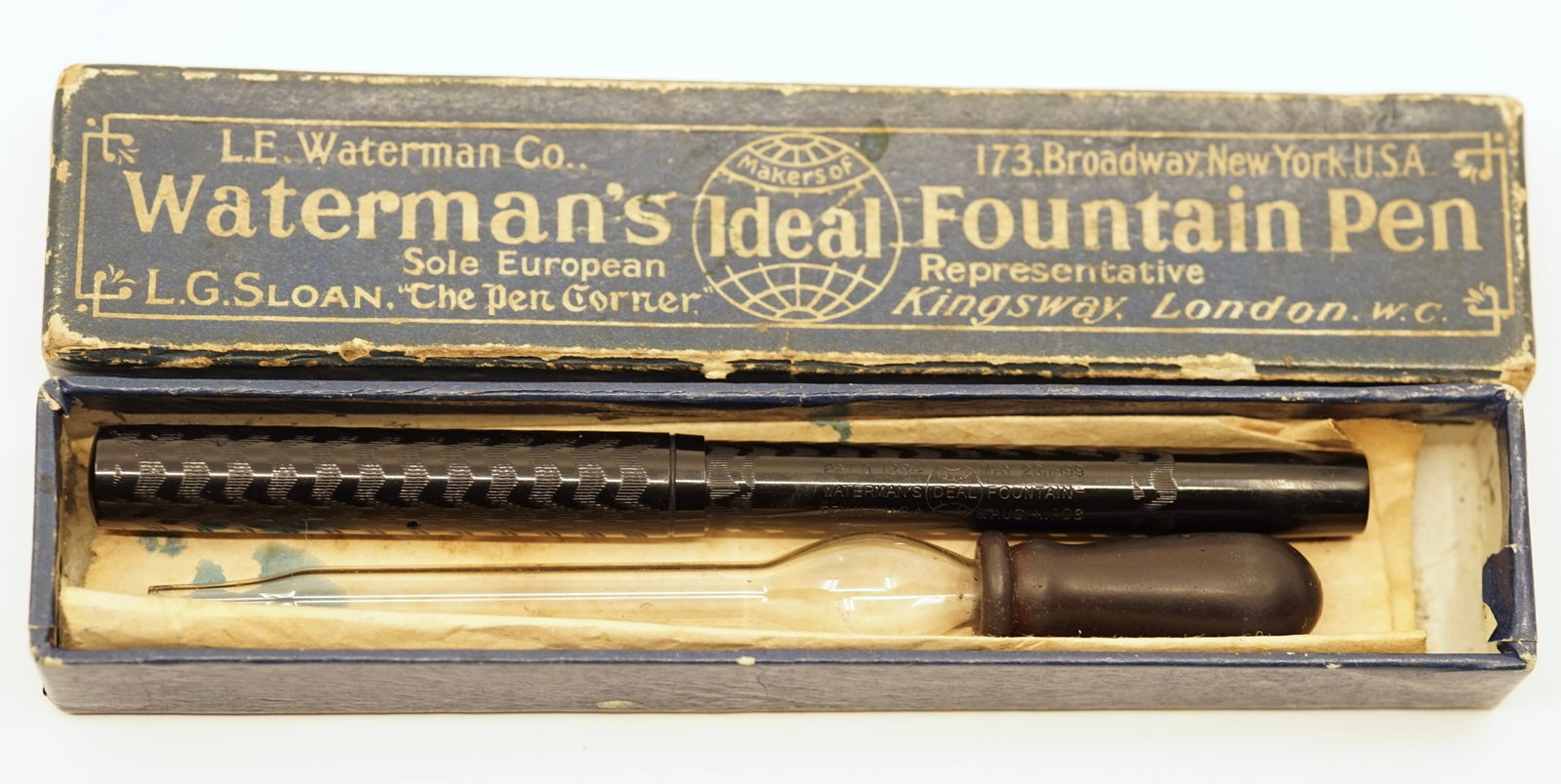 Waterman 12 BCHR Fountain Pen with Eyedropper: Waterman 12 black chased hard rubber (BCHR) fountain pen, with box and original eyedropper. The pen displays strong colour and chasing and red wax in the 12 marking on the butt end. It has a broad Wat