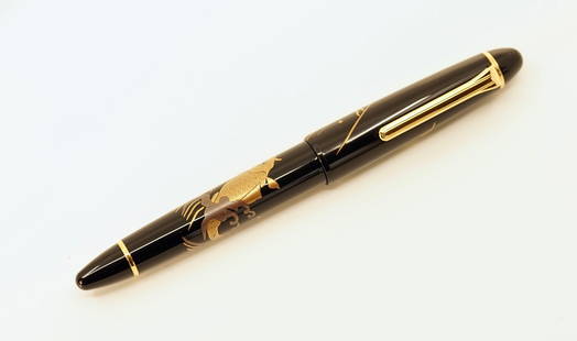 Sailor Classic Supreme Maki-e Koi-Carp Fountain Pen: Sailor 1911 Maki-e fountain Pen with box, outer sleeve and papers. This is an uncommon Sailor Classic Supreme Resin Maki-e pen with Koi/Carp and Sea Urchins. The lacquer design goes right down to the