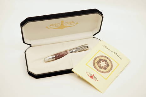 Ancora Marmora Romana LE Sterling Filigree Pen: Ancora Marmora Romana limited edition fountain pen with original box and papers. Limited edition of just 200 pens (11/200), in Perle marble with peach marble barrel and sterling silver filigree. An un