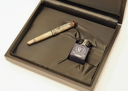 Aurora 80th Anniversary LE Fountain Pen, Boxed: Aurora 80th Anniversary limited edition fountain pen in solid silver 925 guilloche “flame” pattern, new in original box with ink bottle, papers, box, outer box and cardboard outer box protecto