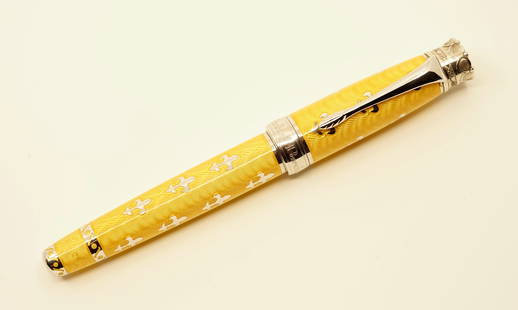 Michel Perchin LE Fleur De Lis Fountain Pen, Boxed: Michel Perchin yellow Fleur de Lis fountain pen, with box, outer box and papers. This limited edition Michel Perchin pen was made in a series with several colours appearing with the Fleur de Lis