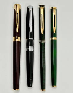 Waterman Modern Fountain Pen Lot (4): Waterman modern lot (4). The lot consists of a L’Etalon in burgundy, Charlton in black, Exclusive in black/green and Prelude in green marble. All pens have Waterman 18k fine or extra fine nibs. Over