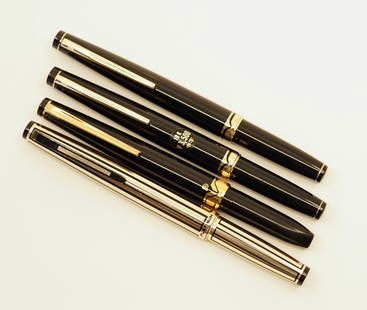 Platinum Pocket Fountain Pen Lot (4): Platinum Pocket fountain pens (4). The lot consists of a gold with black stripe PKG-4000A, two black PKT-3000 pens (one with original sticker) and one other model. Overall good to excellent condition