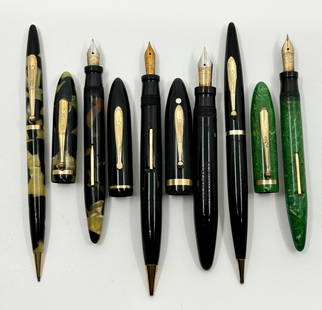 Sheaffer Balance Fountain Pen Lot (6): Sheaffer Balances from the 1930’s in celluloid. The lot consists of an oversized set in Jet Black with ball clips from the mid 30’s, 5-30 Black and Pearl set and Jade Green pen along with a Jet Bl